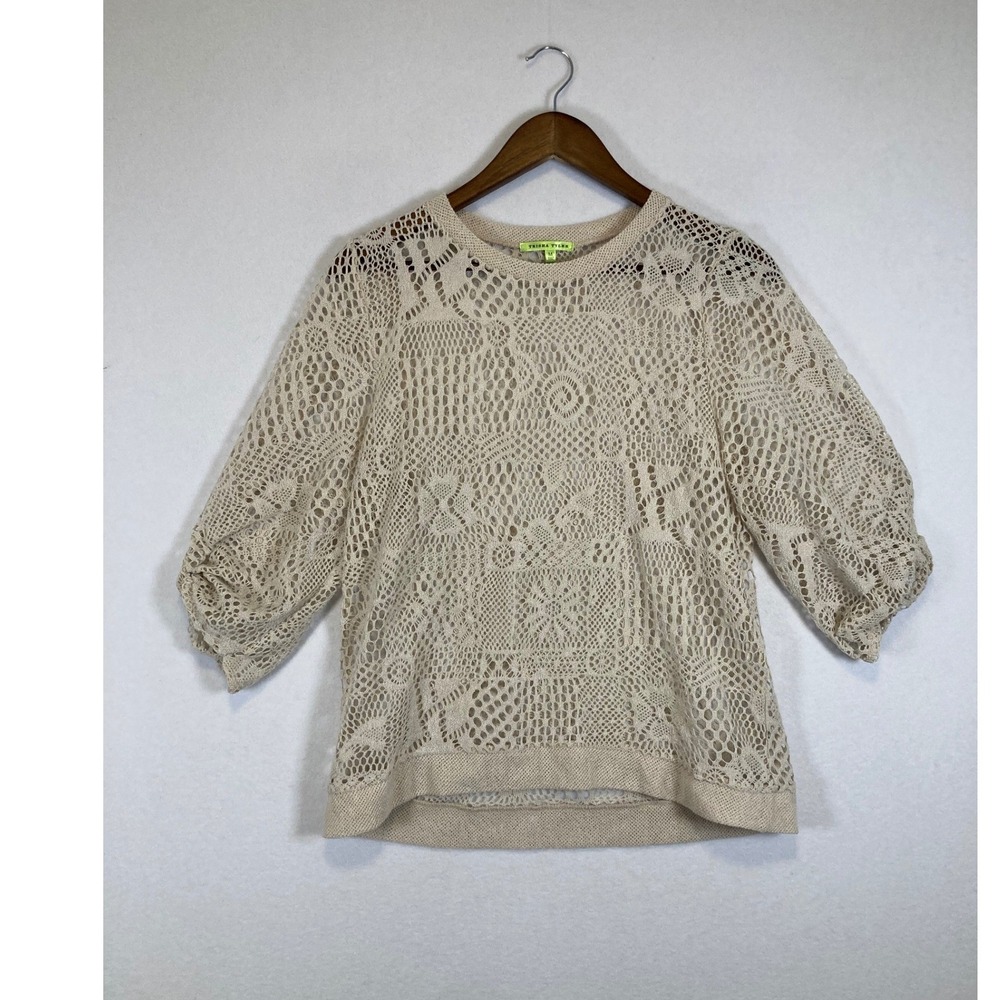 Victorian Inspired Crochet Knit Top Women Med Beige Puff Sleeve Boho Crew Neck